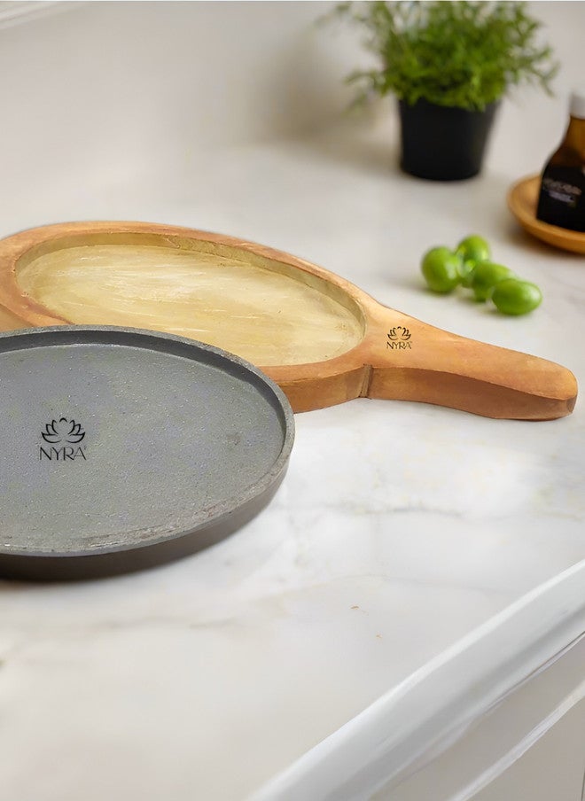 Nyra Kitchenware Classic Black & Brown Cast Iron Sizzler Platter With Wooden Stand - Image 1